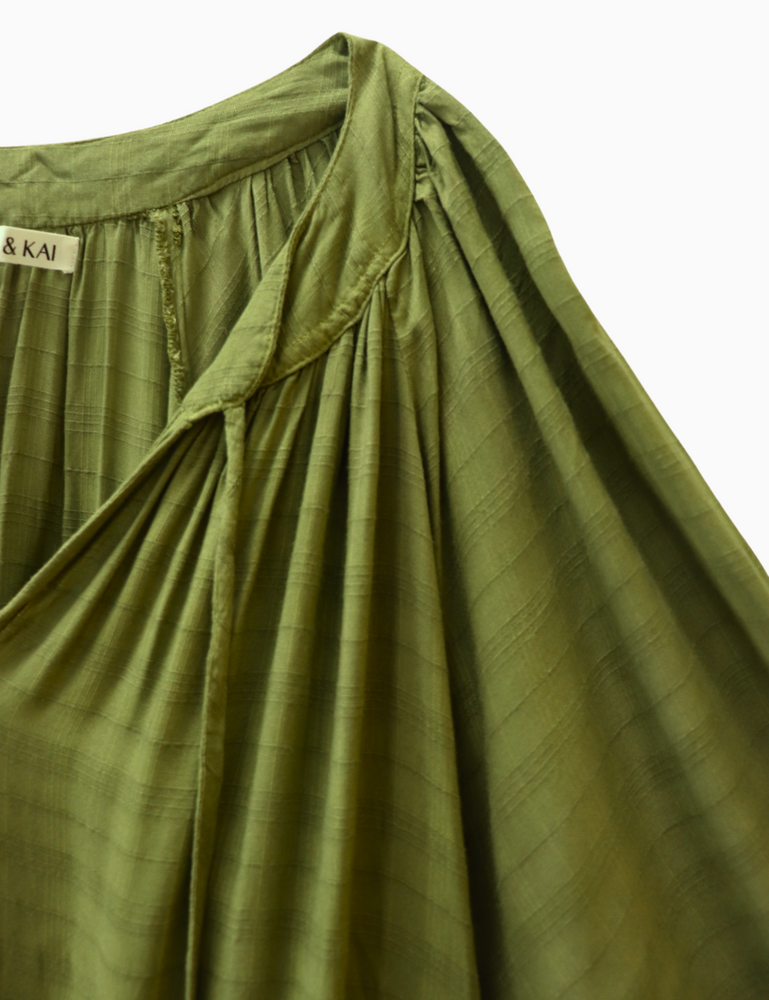 
                  
                    close up product photo of flores organic sugarcane dress in forest green on white background
                  
                