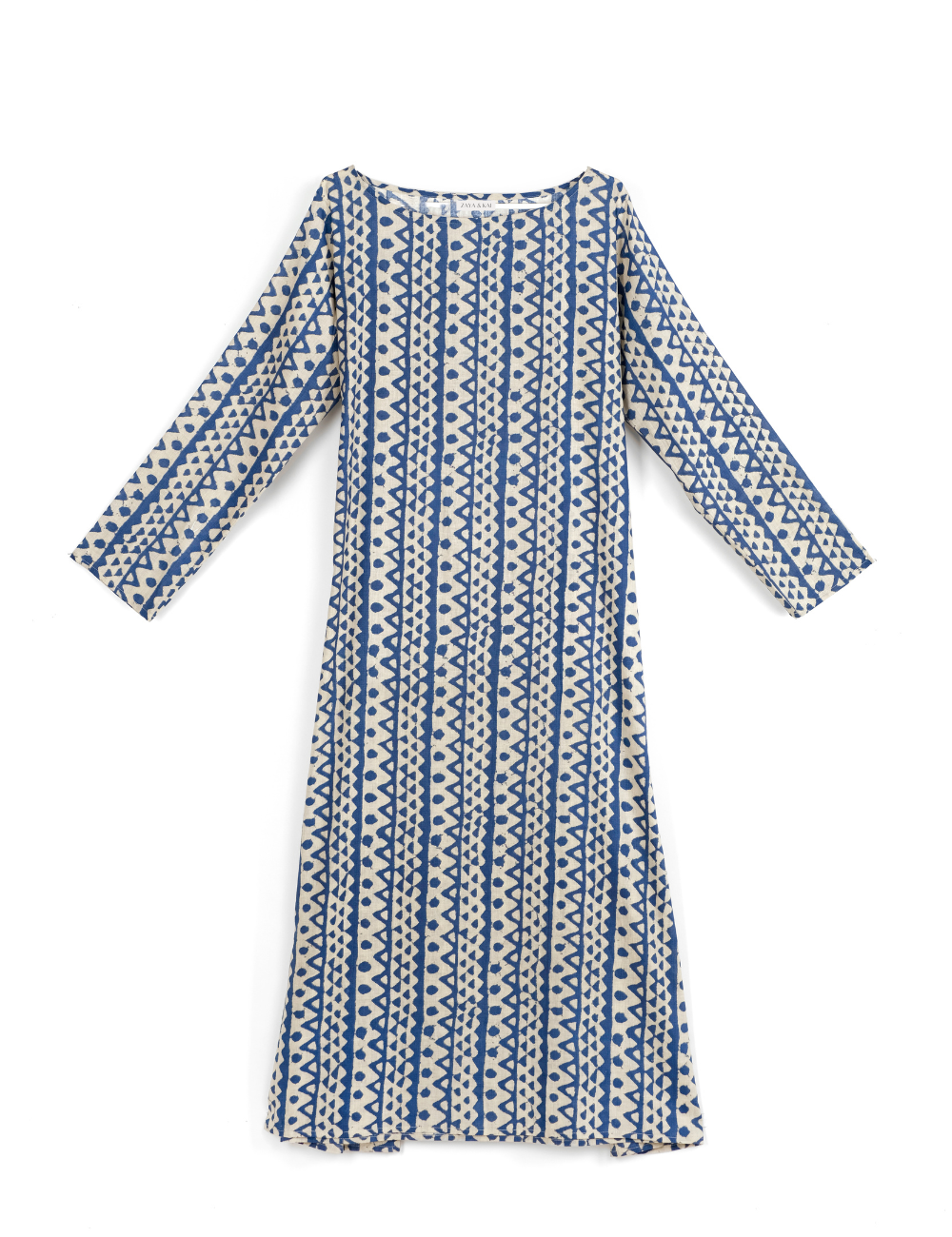 product photo of oversized maxi dress in blue indian block print sky print