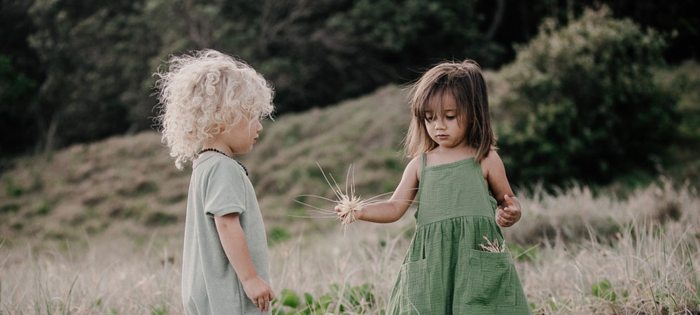 maxi muslin dress wabi sabi green oversized terry towel jumpsuit honeydew baby toddler sustainable clothing byron bay brand Zaya and Kai