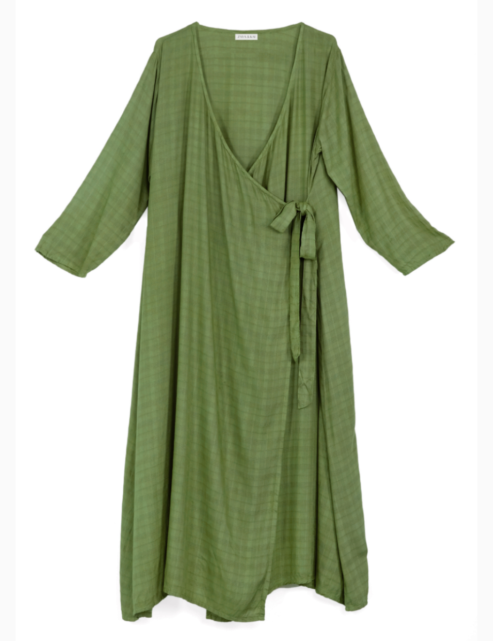 product photo of santo organic sugarcane wrap dress in forest green colour in front of a white background