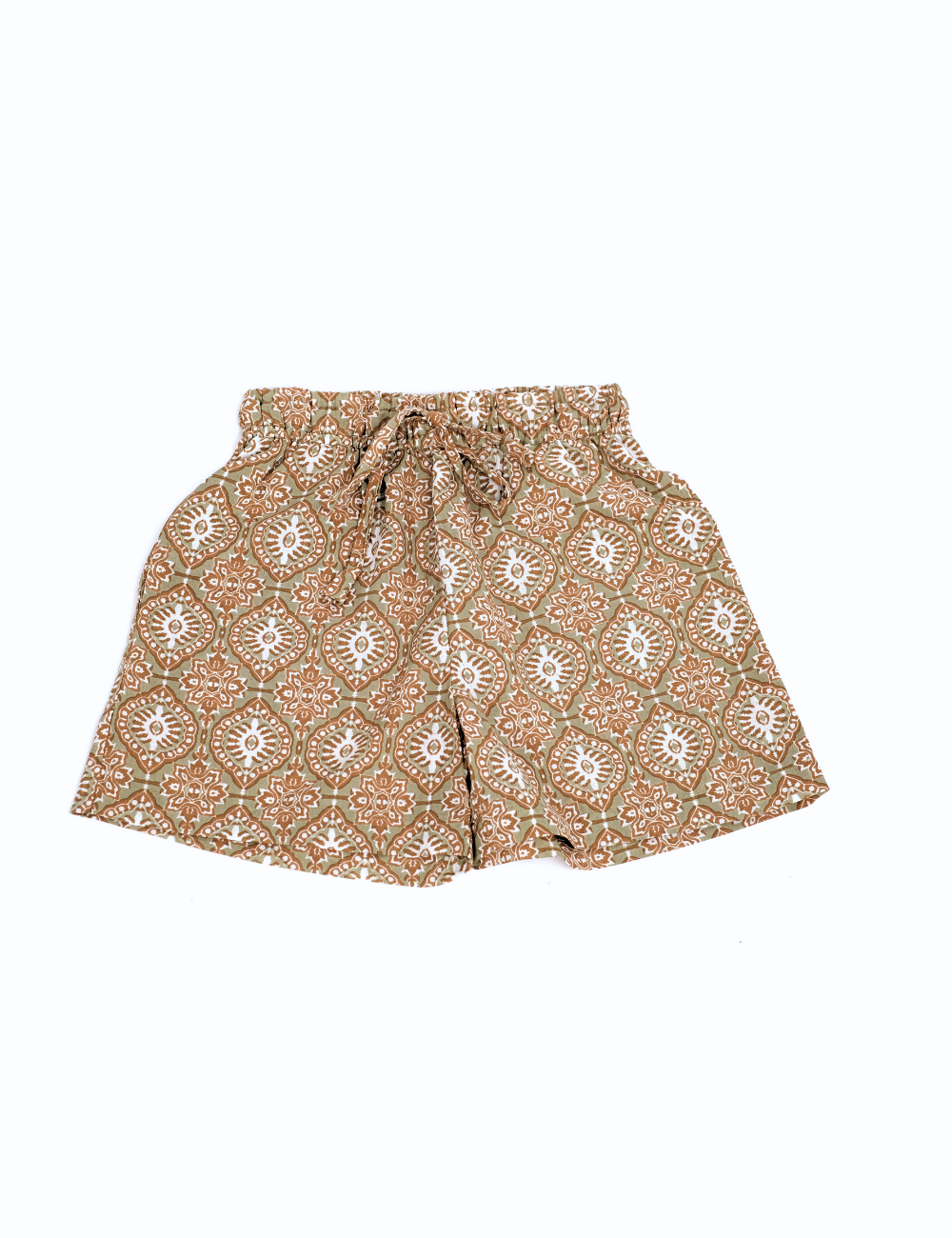 product photo of indian block printed shorts in retro funk print
