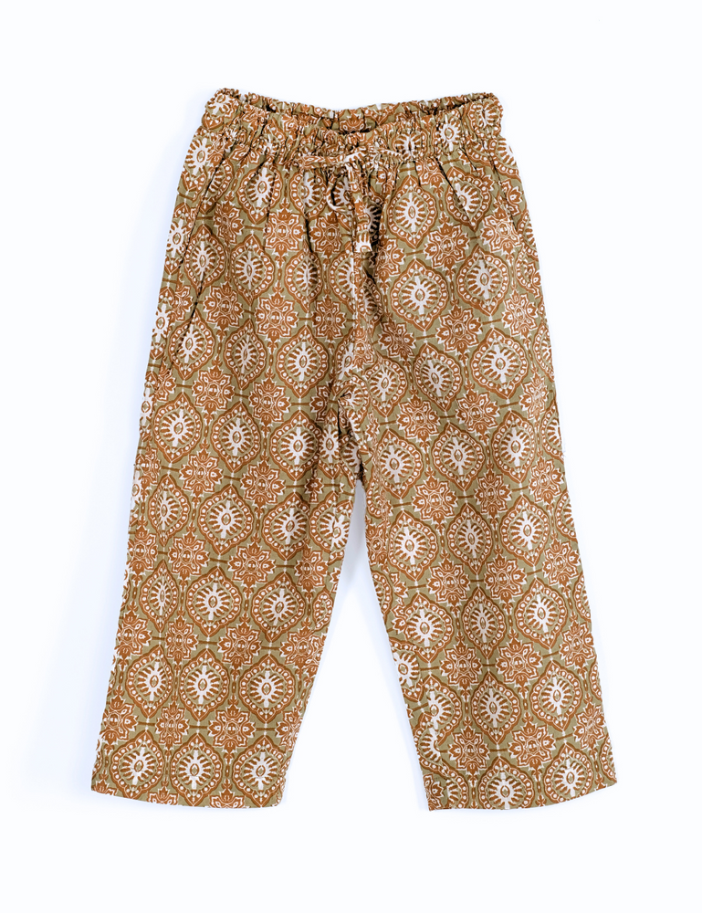 product photo of indian block printed pants in retro funk print