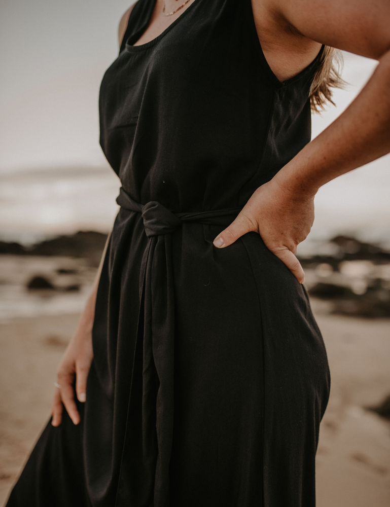 Bamboo maxi dress charcoal natural woman sustainable clothing byron bay brand Zaya and Kai