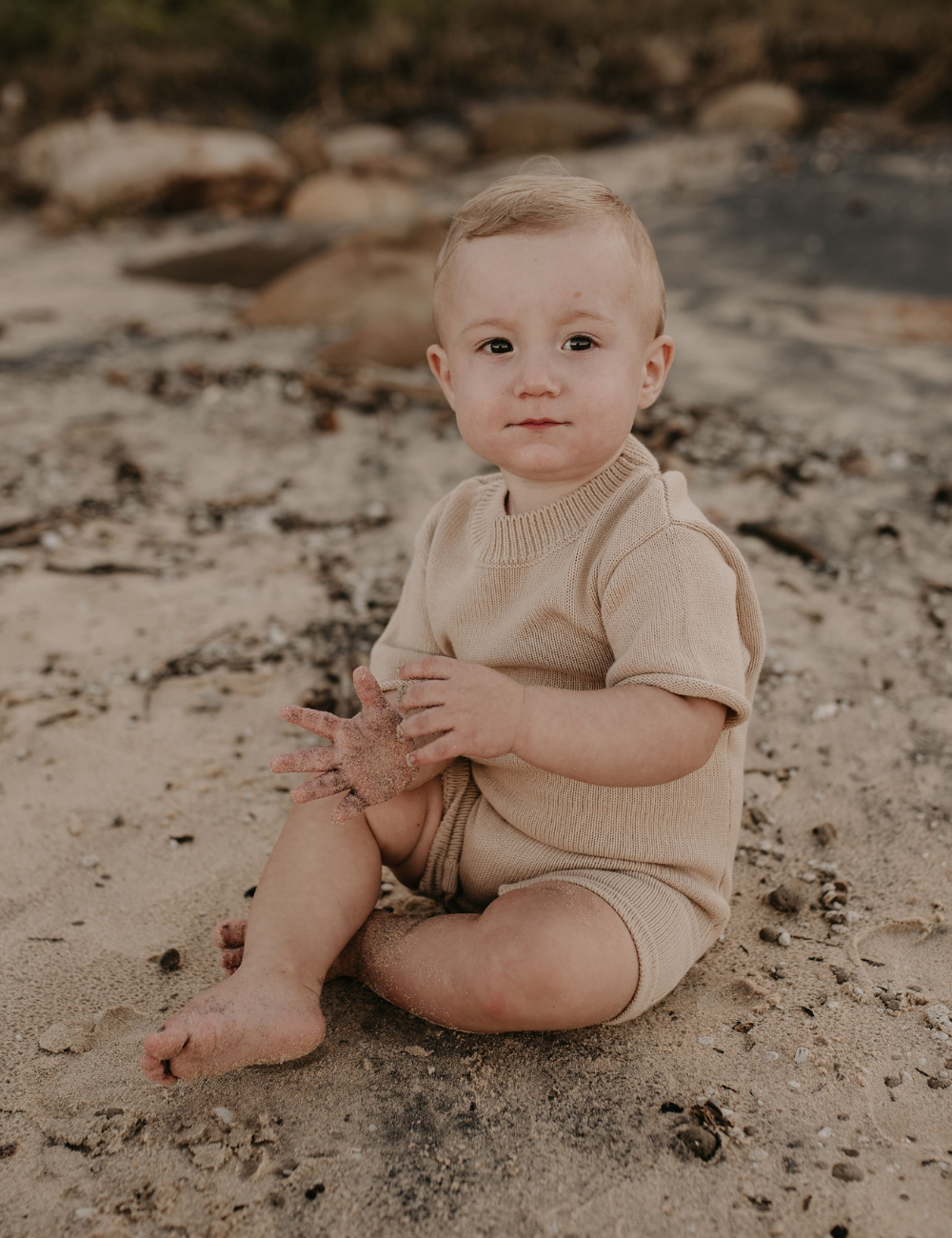 knitted oversized jumpsuit sand beige baby toddler sustainable clothing byron bay brand Zaya and Kai