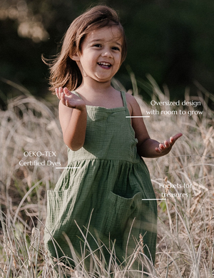 
                  
                    maxi muslin dress wabi sabi green oversized baby toddler sustainable clothing byron bay brand Zaya and Kai
                  
                