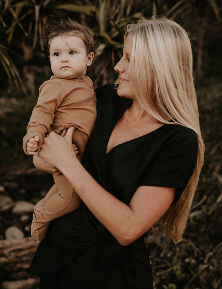 mini wrap dress linen charcoal natural woman sustainable clothing byron bay brand Zaya and Kai