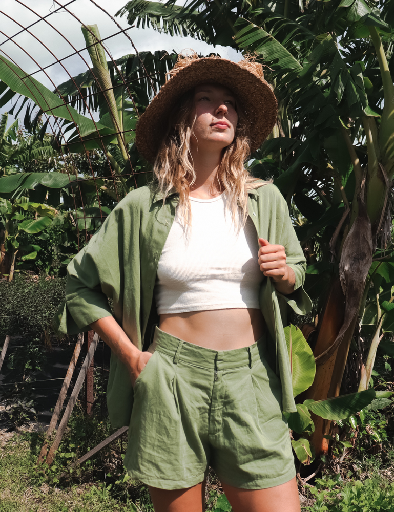 
                  
                    organic cotton fitted shorts wabi sabi green natural woman sustainable clothing byron bay brand Zaya and Kai
                  
                