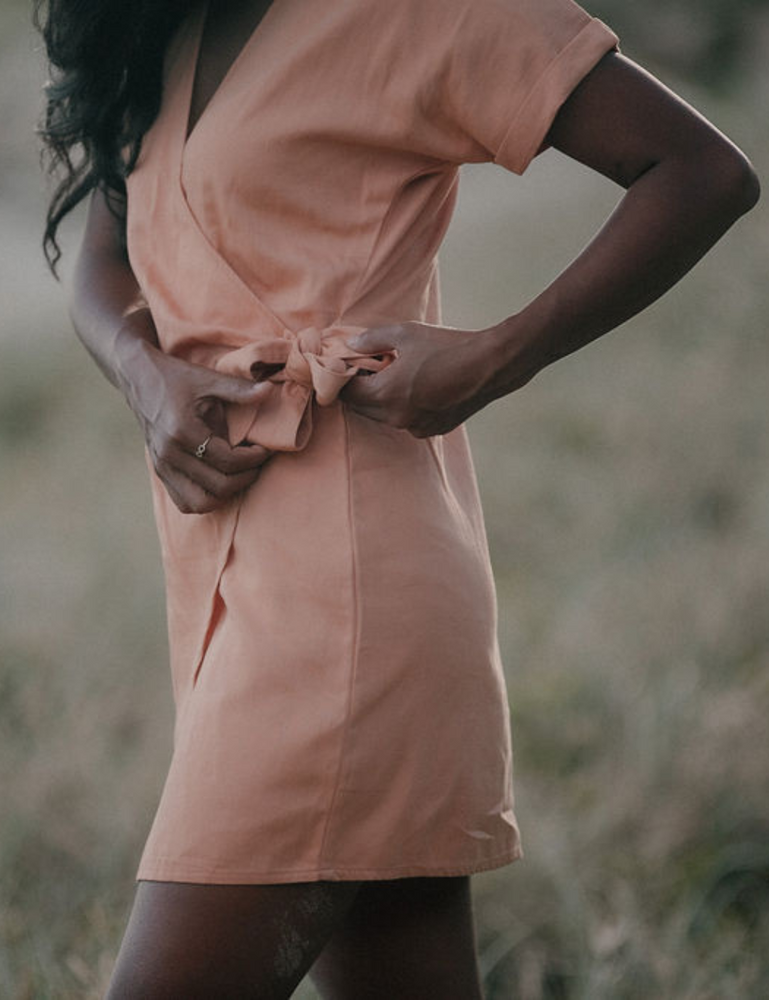 
                  
                    organic cotton mini wrap dress dusty peach natural woman sustainable clothing byron bay brand Zaya and Kai
                  
                