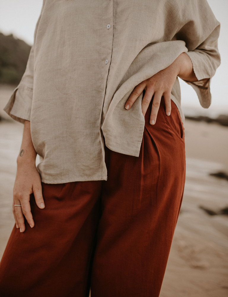 organic cotton pleated pants relaxed linen shirt sand natural woman sustainable clothing byron bay brand Zaya and Kai