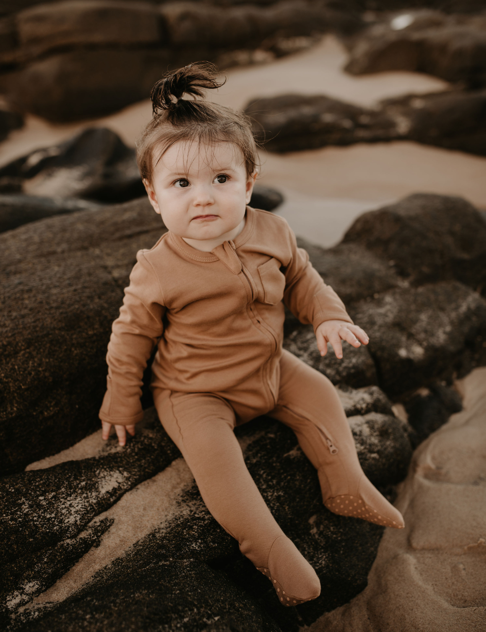 organic footed jumpsuit with double zip fawn natural baby toddler sustainable clothing byron bay brand Zaya and Kai