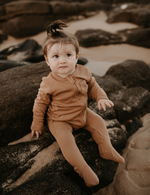 organic footed jumpsuit with double zip fawn natural baby toddler sustainable clothing byron bay brand Zaya and Kai