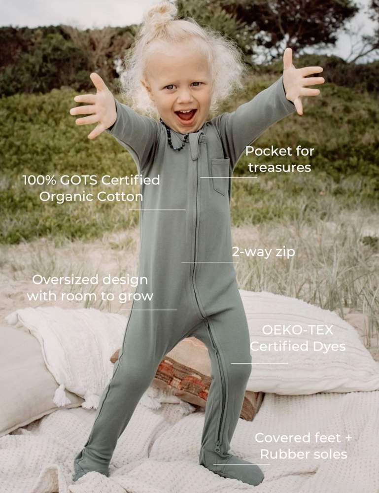 
                  
                    organic footed jumpsuit with double zip steel natural baby toddler sustainable clothing byron bay brand Zaya and Kai
                  
                