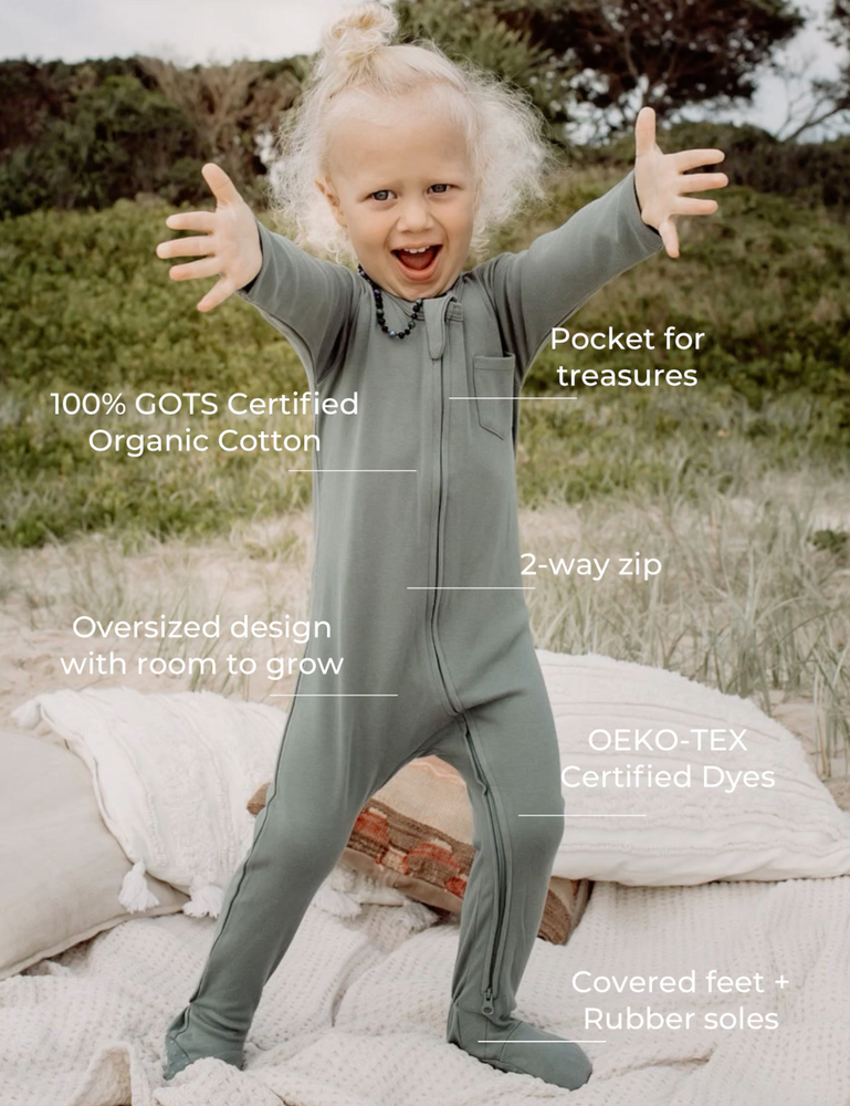 organic footed jumpsuit with double zip steel natural baby toddler sustainable clothing byron bay brand Zaya and Kai