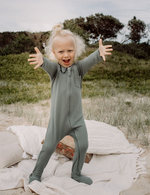 organic footed jumpsuit with double zip steel natural baby toddler sustainable clothing byron bay brand Zaya and Kai