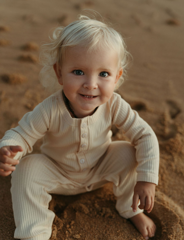 organic full length jumpsuit ribbed cream natural baby toddler sustainable clothing byron bay brand Zaya and Kai