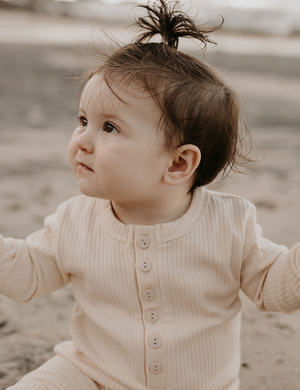 
                  
                    organic full length jumpsuit ribbed cream natural baby toddler sustainable clothing byron bay brand Zaya and Kai
                  
                