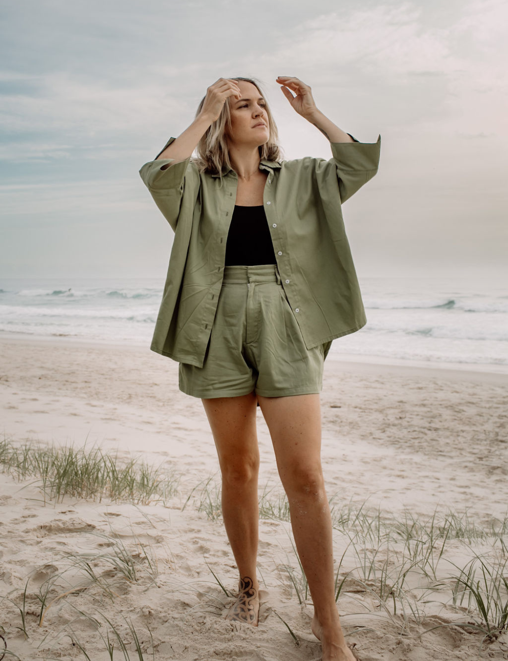 oversized organic cotton shirt wabi sabi green natural woman sustainable clothing byron bay brand Zaya and Kai