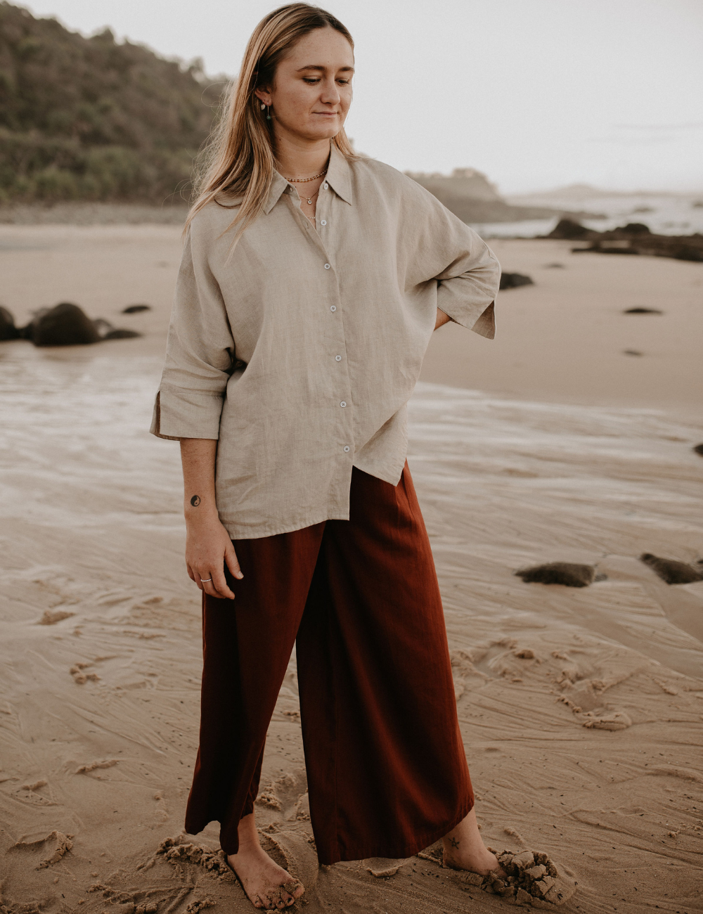 organic cotton pleated pants relaxed linen shirt sand natural woman sustainable clothing byron bay brand Zaya and Kai